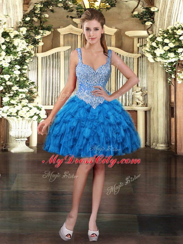 Sweet Blue Prom and Party with Beading and Ruffles Straps Sleeveless Lace Up