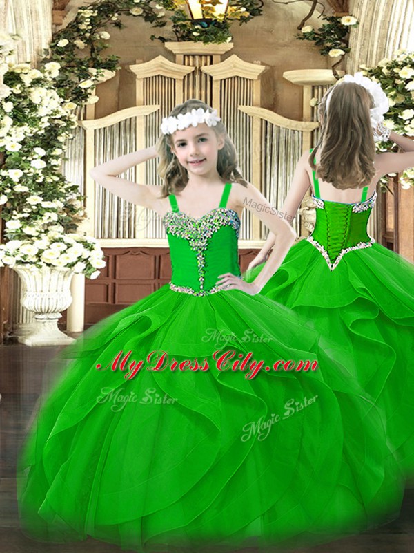 Sleeveless Organza Floor Length Lace Up Little Girl Pageant Gowns in Green with Beading and Ruffles