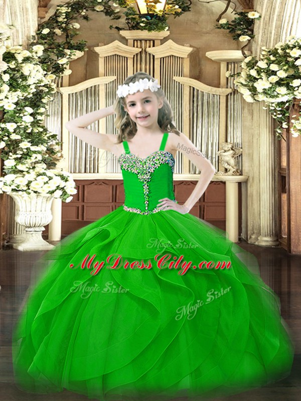 Sleeveless Organza Floor Length Lace Up Little Girl Pageant Gowns in Green with Beading and Ruffles