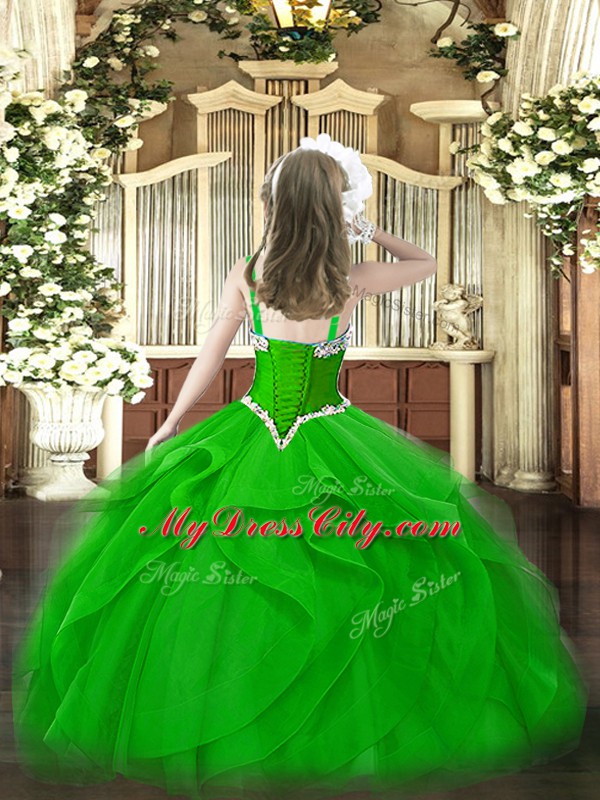 Sleeveless Organza Floor Length Lace Up Little Girl Pageant Gowns in Green with Beading and Ruffles