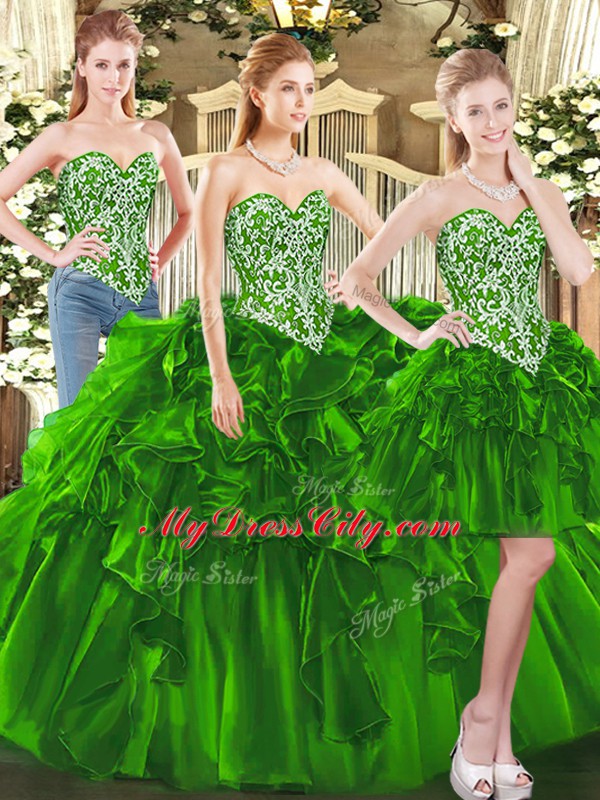 High Class Dark Green Sleeveless Beading and Ruffles Floor Length Vestidos de Quinceanera