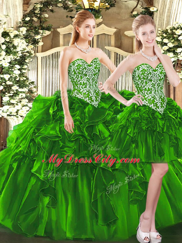 High Class Dark Green Sleeveless Beading and Ruffles Floor Length Vestidos de Quinceanera