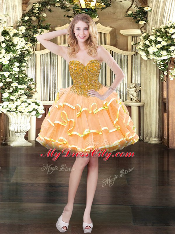 Custom Fit Mini Length Peach Prom Gown Organza Sleeveless Beading and Ruffled Layers