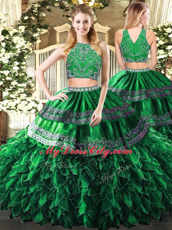 Stunning Sleeveless Zipper Floor Length Beading and Ruffles Sweet 16 Quinceanera Dress