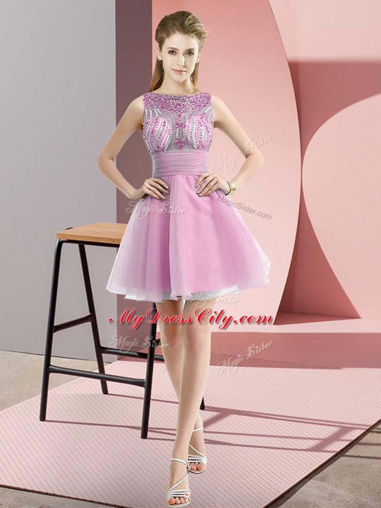 Rose Pink Bateau Neckline Beading and Bowknot Prom Party Dress Sleeveless Zipper