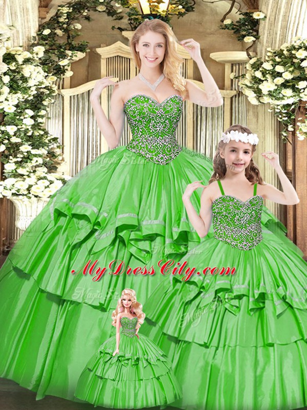 Green Organza Lace Up Sweetheart Sleeveless Floor Length Quince Ball Gowns Beading and Ruffled Layers