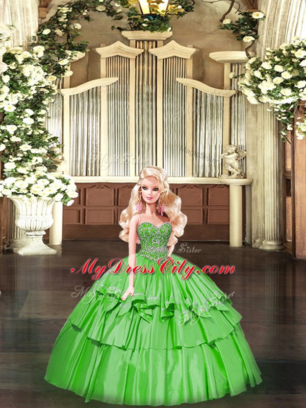 Green Organza Lace Up Sweetheart Sleeveless Floor Length Quince Ball Gowns Beading and Ruffled Layers