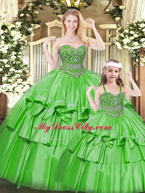 Green Organza Lace Up Sweetheart Sleeveless Floor Length Quince Ball Gowns Beading and Ruffled Layers