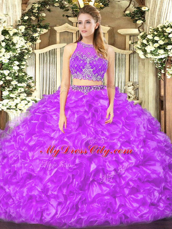 Floor Length Lilac Vestidos de Quinceanera Organza Sleeveless Beading and Ruffles