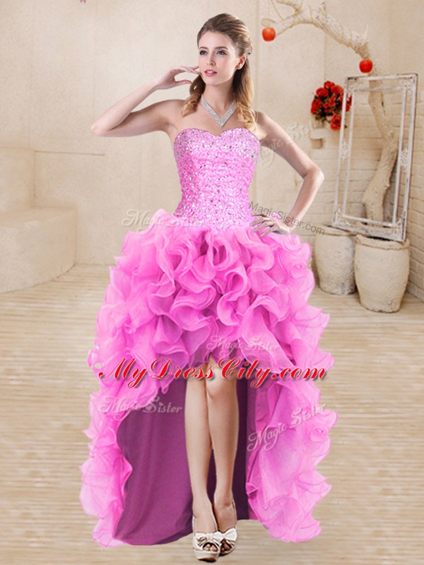 Attractive Rose Pink Organza Lace Up Prom Evening Gown Sleeveless High Low Beading and Ruffles