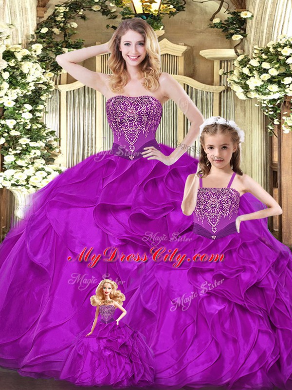 Designer Sleeveless Floor Length Beading and Ruffles Lace Up 15 Quinceanera Dress with Fuchsia