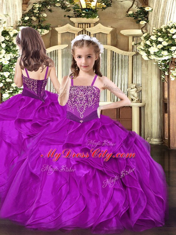 Designer Sleeveless Floor Length Beading and Ruffles Lace Up 15 Quinceanera Dress with Fuchsia