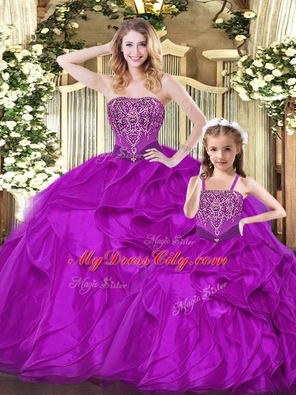 Designer Sleeveless Floor Length Beading and Ruffles Lace Up 15 Quinceanera Dress with Fuchsia