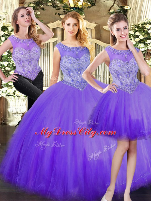 Elegant Eggplant Purple Three Pieces Tulle Scoop Sleeveless Beading Floor Length Zipper Sweet 16 Dress