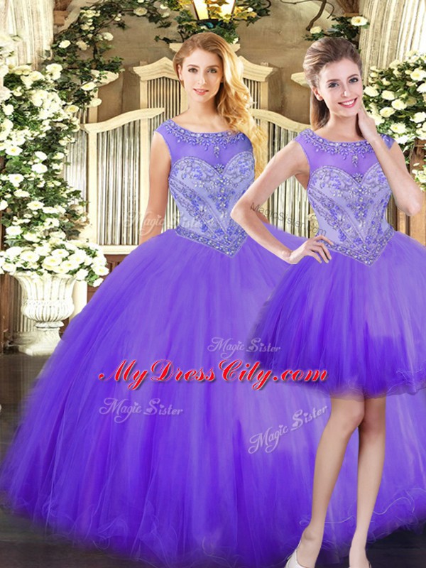 Elegant Eggplant Purple Three Pieces Tulle Scoop Sleeveless Beading Floor Length Zipper Sweet 16 Dress