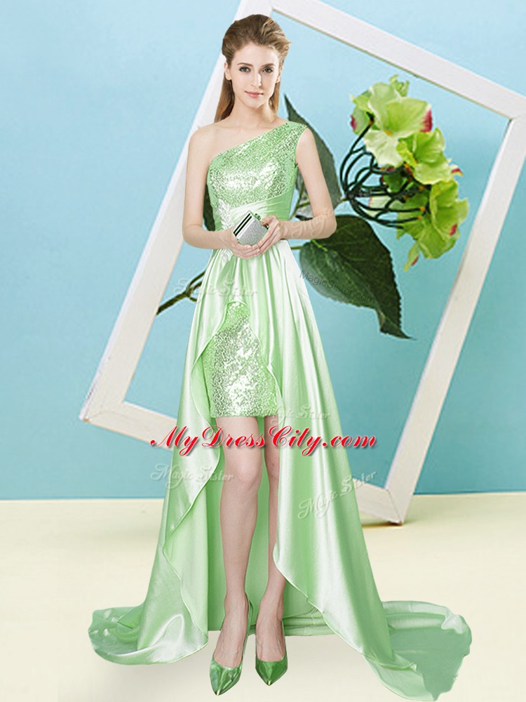 Stylish One Shoulder Sleeveless Lace Up Prom Gown Apple Green Elastic Woven Satin and Sequined