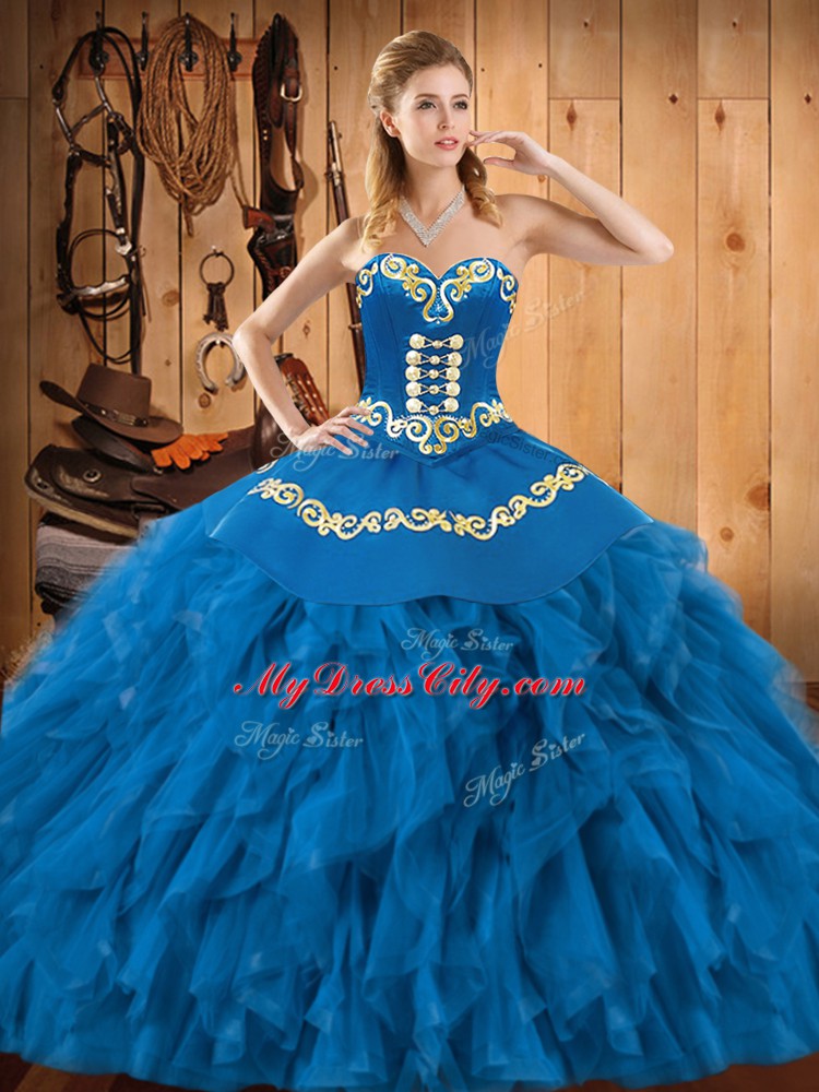 Sweetheart Sleeveless Quinceanera Gown Floor Length Embroidery and Ruffles Blue Satin and Organza