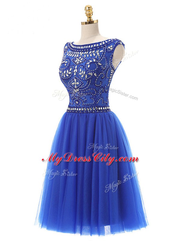 Mini Length Royal Blue Dress for Prom Bateau Sleeveless Zipper