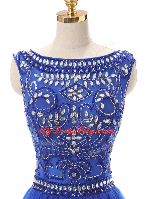 Mini Length Royal Blue Dress for Prom Bateau Sleeveless Zipper