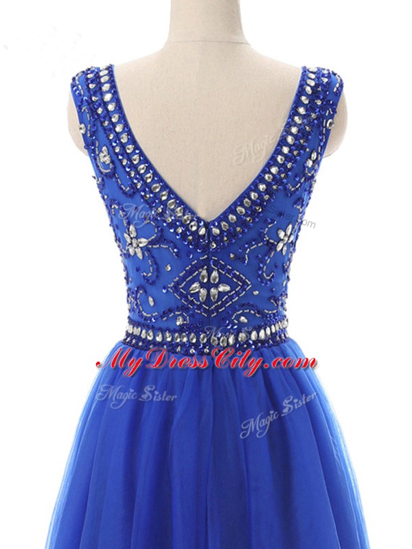 Mini Length Royal Blue Dress for Prom Bateau Sleeveless Zipper