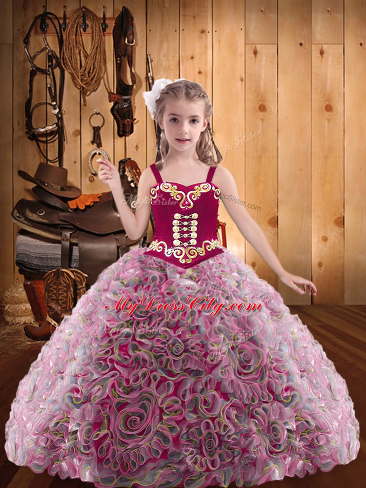 Custom Designed Sleeveless Floor Length Embroidery and Ruffles Lace Up Girls Pageant Dresses with Multi-color