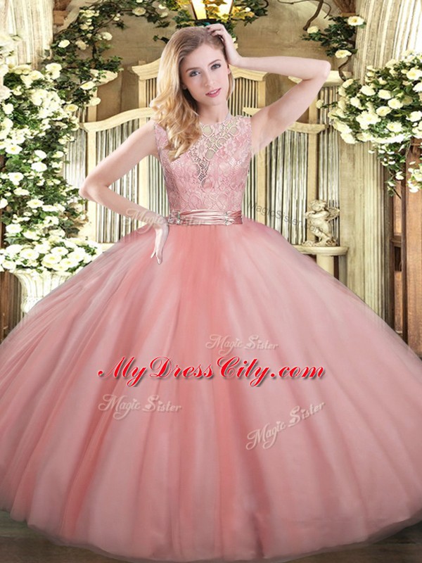 Modern Baby Pink Ball Gowns Tulle Scoop Sleeveless Lace Floor Length Backless Ball Gown Prom Dress