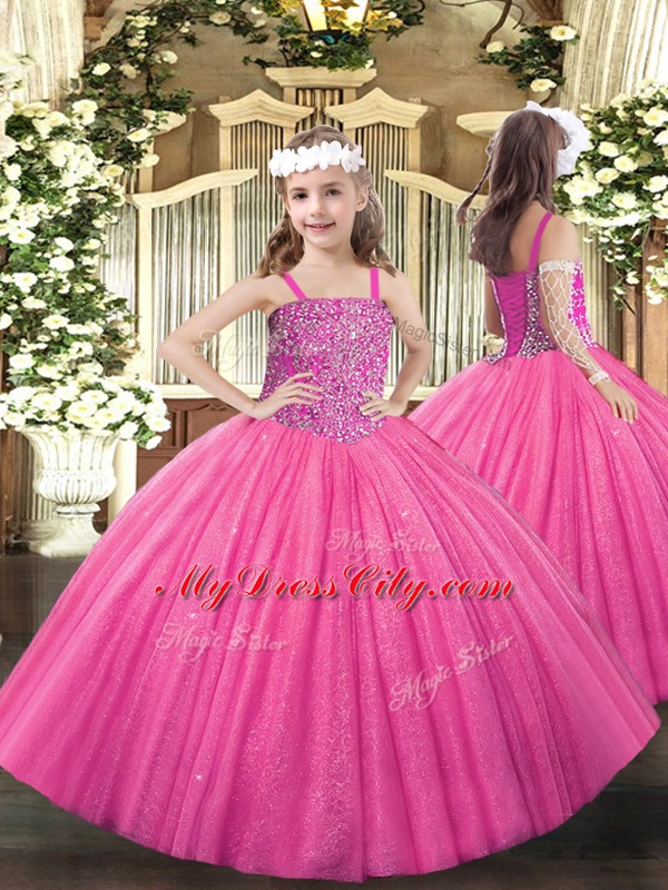 Ball Gowns Little Girl Pageant Dress Hot Pink Straps Tulle Sleeveless Floor Length Lace Up