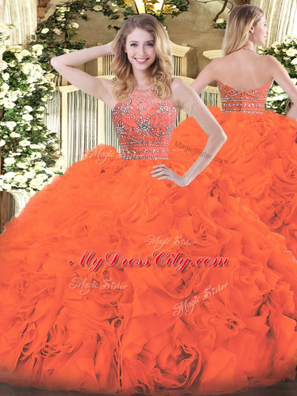 Modest Floor Length Zipper 15th Birthday Dress Orange Red for Military Ball and Sweet 16 and Quinceanera with Beading and Ruffles