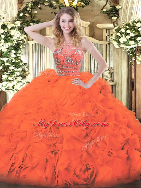 Modest Floor Length Zipper 15th Birthday Dress Orange Red for Military Ball and Sweet 16 and Quinceanera with Beading and Ruffles