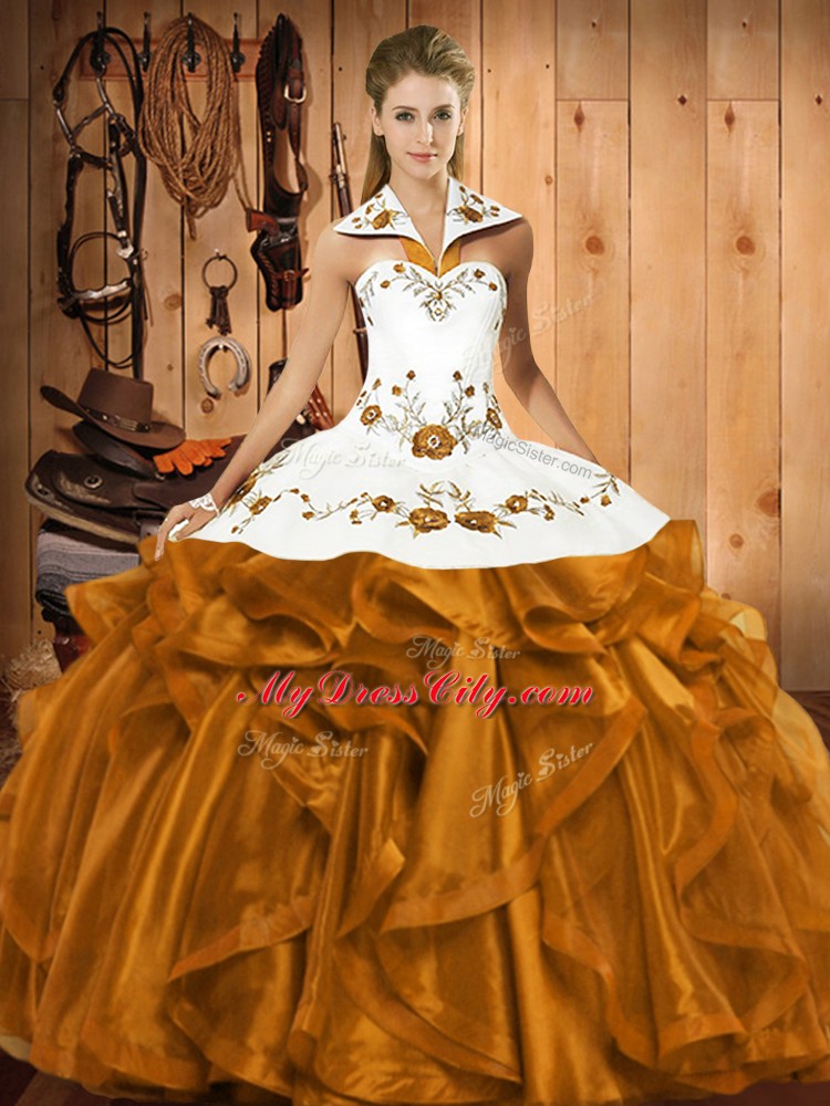 Halter Top Sleeveless Lace Up Quinceanera Gowns Brown Satin and Organza