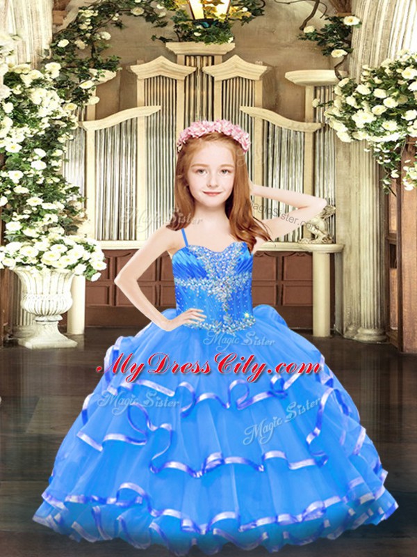 Customized Floor Length Ball Gowns Sleeveless Blue Child Pageant Dress Lace Up