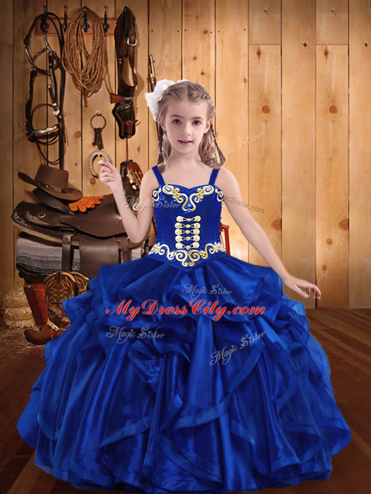 Charming Royal Blue Little Girl Pageant Gowns Sweet 16 and Quinceanera with Embroidery and Ruffles Straps Sleeveless Lace Up