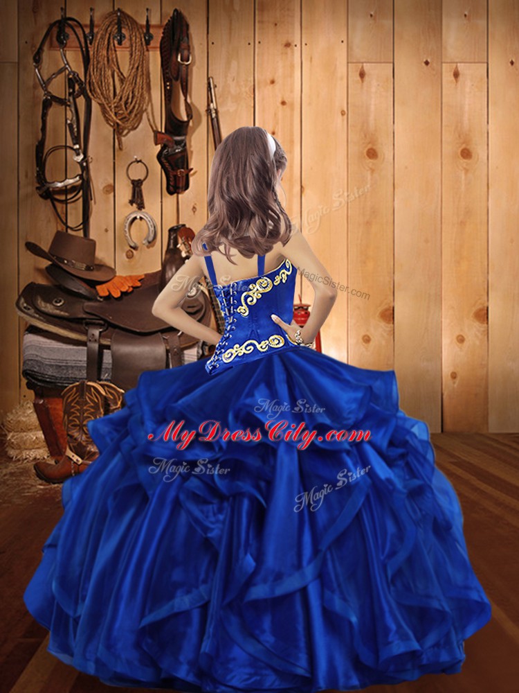 Charming Royal Blue Little Girl Pageant Gowns Sweet 16 and Quinceanera with Embroidery and Ruffles Straps Sleeveless Lace Up