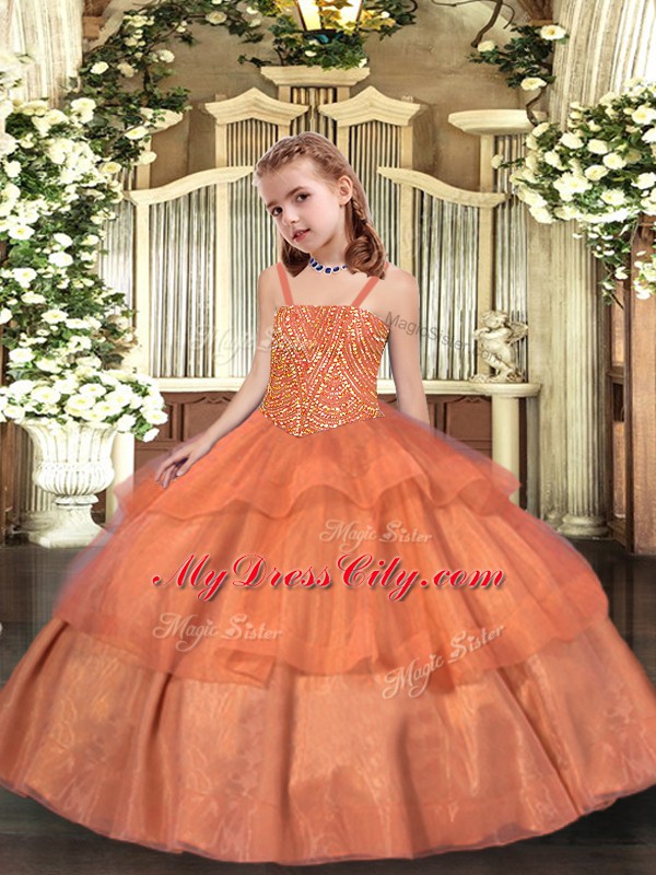 Floor Length Ball Gowns Sleeveless Orange Little Girl Pageant Gowns Lace Up