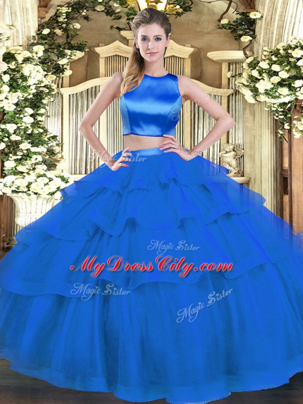 Charming Blue Sleeveless Ruffled Layers Floor Length Sweet 16 Quinceanera Dress