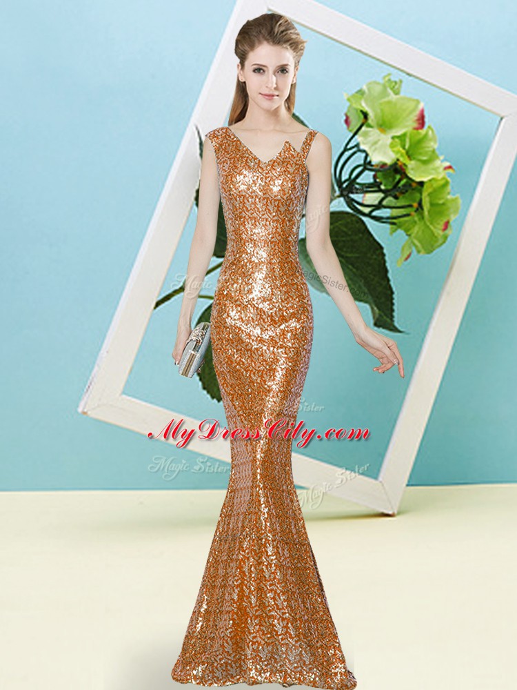 Designer Rust Red Sleeveless Sequins Floor Length Prom Evening Gown