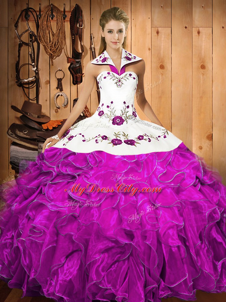 Sleeveless Lace Up Floor Length Embroidery and Ruffles Quinceanera Gown