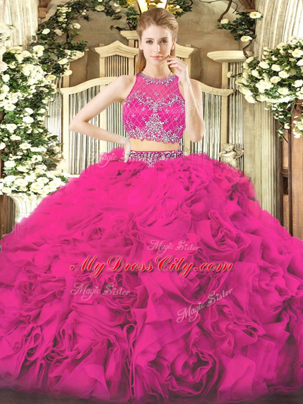 Fuchsia Zipper Scoop Beading Sweet 16 Dress Fabric With Rolling Flowers Sleeveless