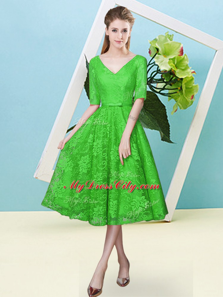 Comfortable Empire Dama Dress for Quinceanera Green V-neck Lace Half Sleeves Tea Length Lace Up