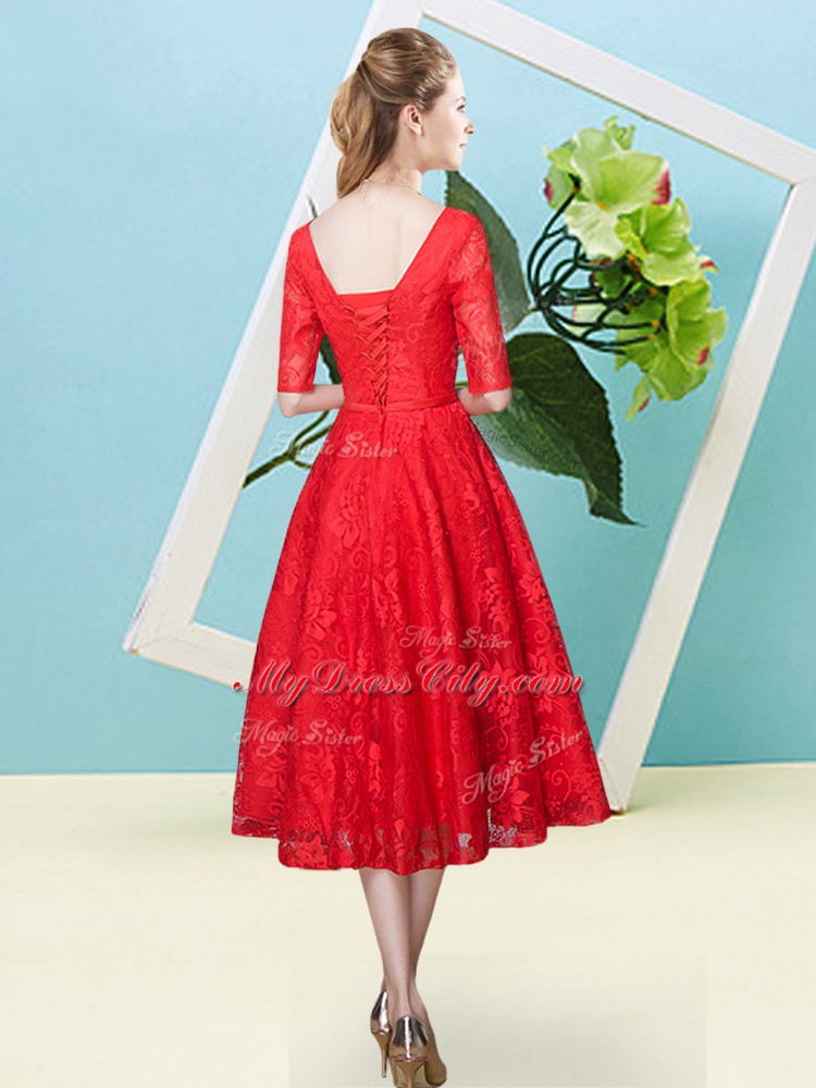 Comfortable Empire Dama Dress for Quinceanera Green V-neck Lace Half Sleeves Tea Length Lace Up