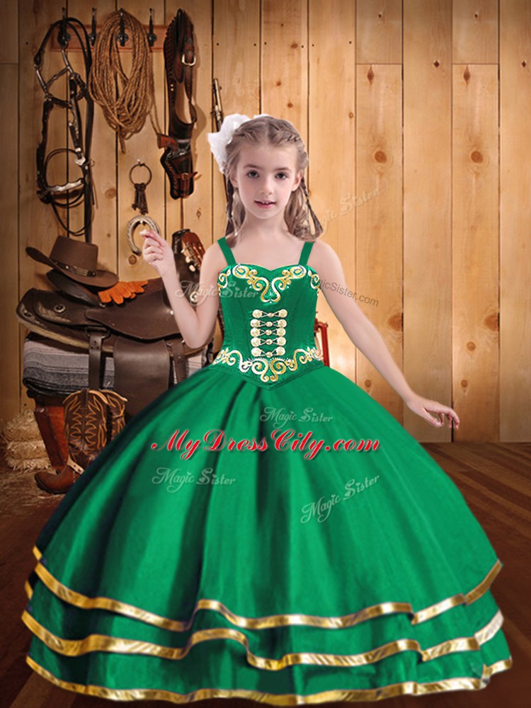 Nice Sleeveless Organza Floor Length Lace Up Kids Formal Wear in Green with Embroidery and Ruffled Layers