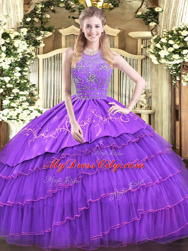 Lavender Zipper Halter Top Beading and Embroidery and Ruffled Layers Vestidos de Quinceanera Satin and Tulle Sleeveless