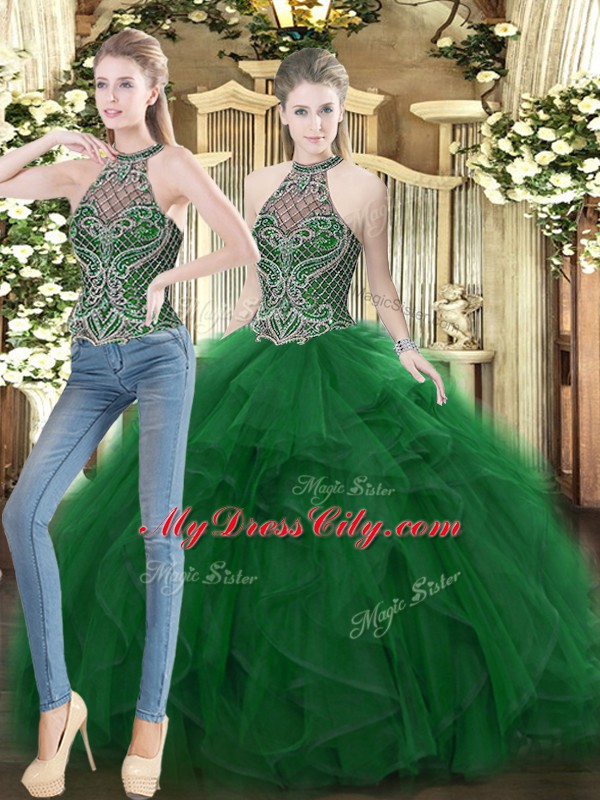 Latest Dark Green Sleeveless Beading and Ruffles Floor Length 15 Quinceanera Dress