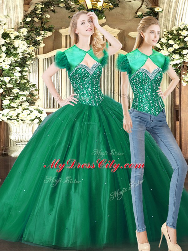 Simple Floor Length Green 15 Quinceanera Dress Tulle Sleeveless Beading