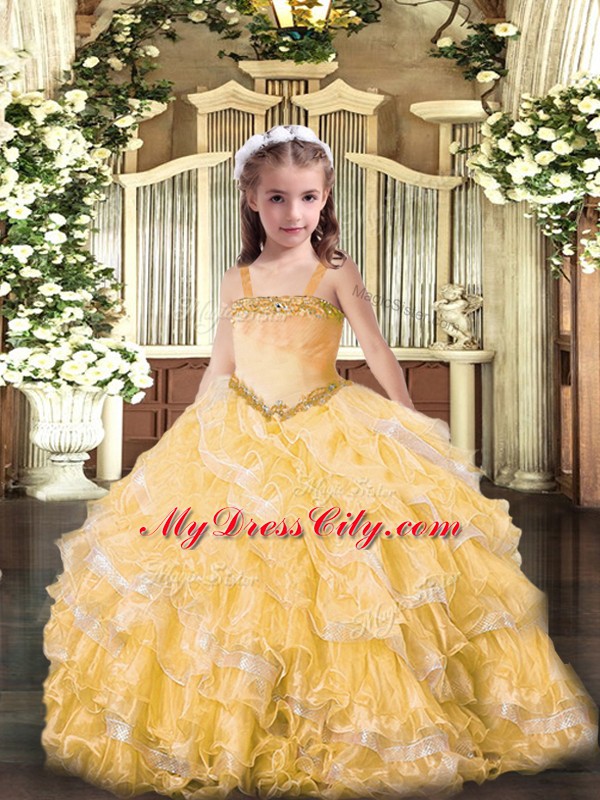 Great Organza Straps Sleeveless Lace Up Appliques and Ruffled Layers Little Girl Pageant Gowns in Gold