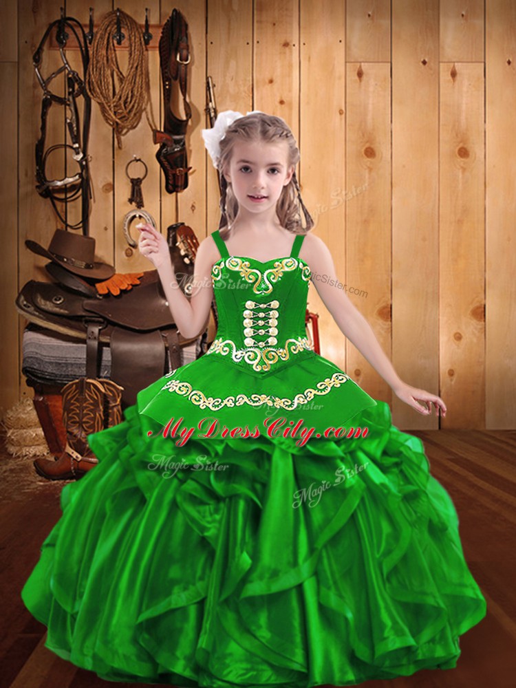 Super Straps Sleeveless Organza Pageant Dress for Teens Embroidery and Ruffles Lace Up