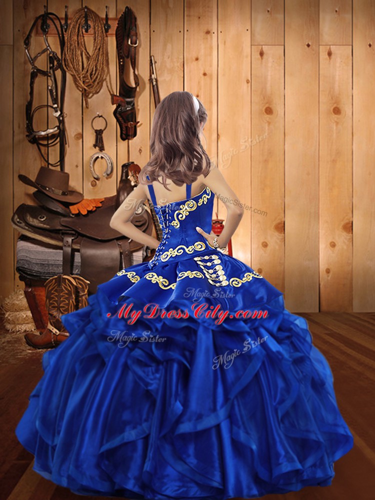 Super Straps Sleeveless Organza Pageant Dress for Teens Embroidery and Ruffles Lace Up