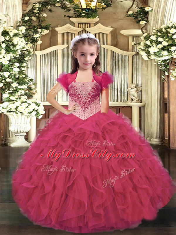 Hot Pink Sleeveless Organza Lace Up Little Girls Pageant Dress Wholesale for Party and Sweet 16 and Quinceanera