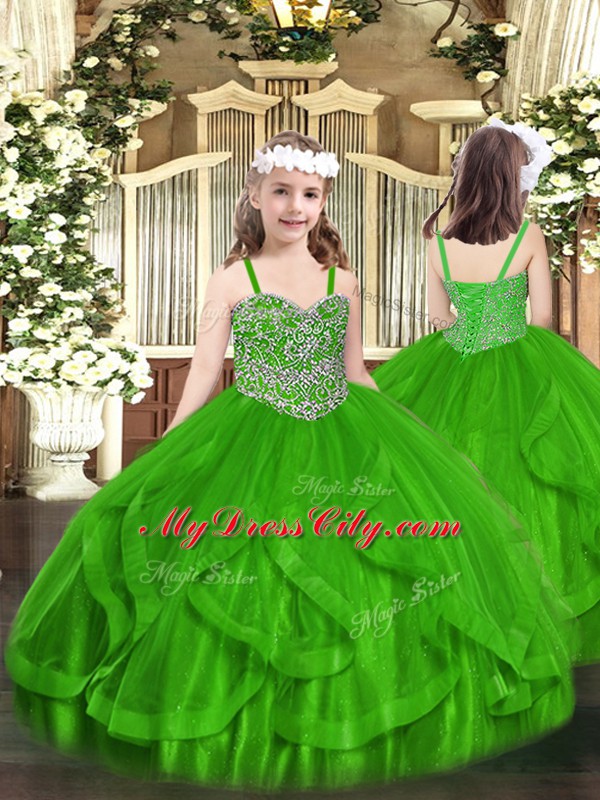 Beauteous Floor Length Green Kids Formal Wear Tulle Sleeveless Beading and Ruffles