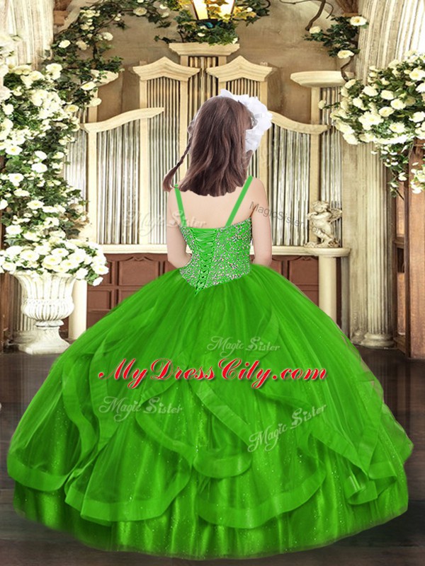 Beauteous Floor Length Green Kids Formal Wear Tulle Sleeveless Beading and Ruffles